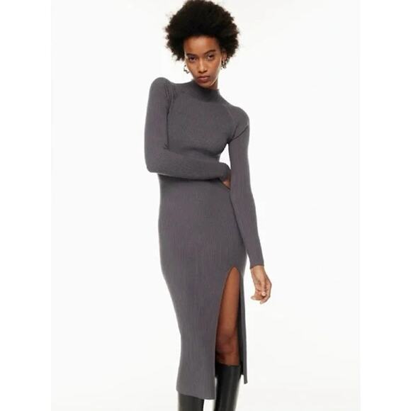 Aritzia Wilfred Alchemy Ribbed Dress Peppercorn Grey Large Knitted Cozy Chic - Picture 1 of 16